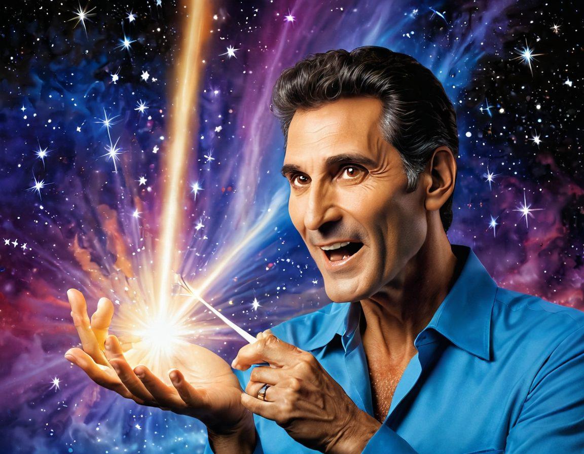 A whimsical illustration of Uri Geller, mid-performance, surrounded by a glowing aura of light. Include spoon bending and mind-bending symbols, such as swirling clouds and sparkling stars, evoking a sense of magic and wonder. Show ecstatic faces of mesmerized spectators in the background, filled with awe. The colors should be bright and enchanting to convey feelings of joy. Surreal style with vibrant colors.