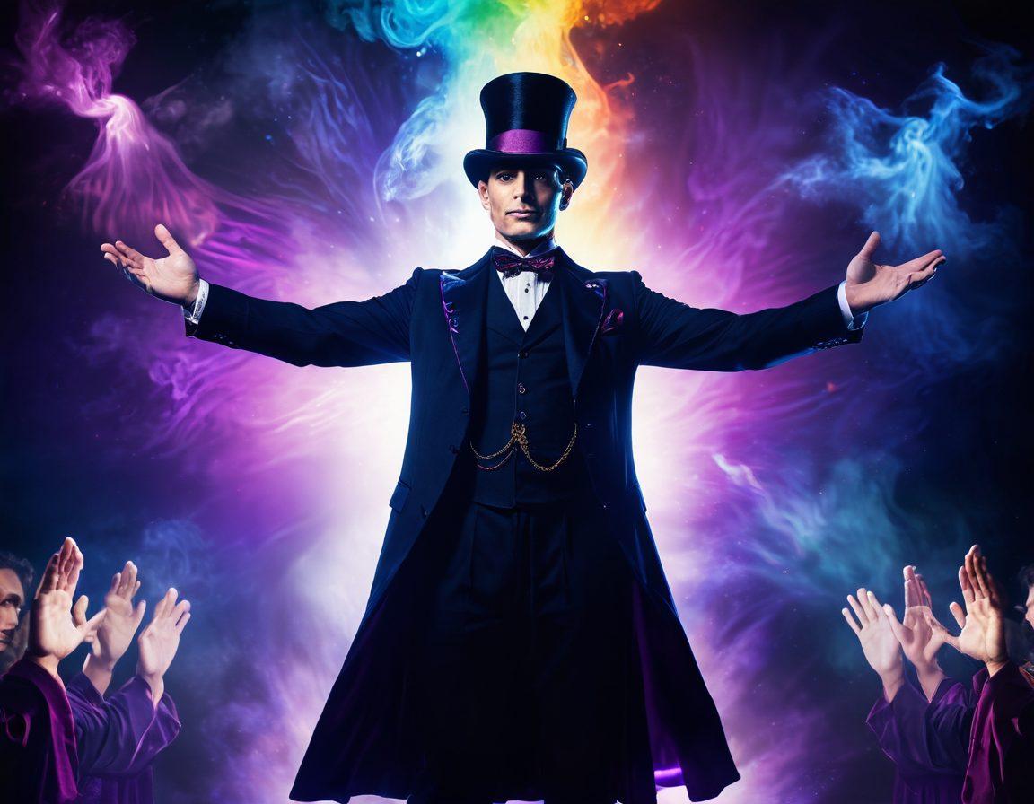 A mesmerizing scene of a magician on stage, surrounded by colorful, swirling energies symbolizing mind manipulation, with ghostly silhouettes representing past audiences captivated by his performance. Include elements of spiritual symbols like chakras and healing light beams radiating from the magician's hands, suggesting a journey from illusion to enlightenment. The background should be a gradient of deep blues and purples, enhancing feelings of magic and spirituality. super-realistic. vibrant colors. dynamic lighting.