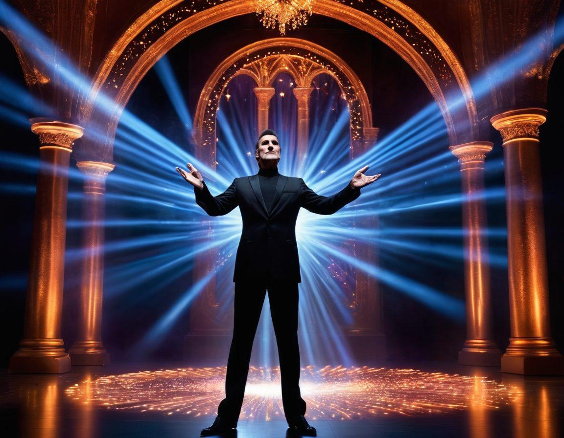 A captivating scene of Uri Geller performing an illusion on stage, surrounded by a mystical aura. Include glowing energy waves emanating from his hands while viewers look on in awe. The background should feature an elaborate stage setup with dimmed lights and twinkling stars. Elements of magic such as floating objects and blurred silhouettes enhance the atmosphere. super-realistic. vibrant colors. dynamic lighting.